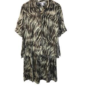 Anna and Frank 100% Silk Zebra Print Safari Blouse Skirt Set Black Beige Sz L-XL